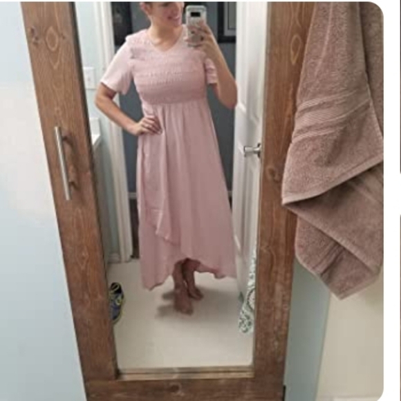 Zattcas Smocked Maxi High/Low Short Sleeve Vneck Flowy Dress in Pink Size XL - Picture 6 of 15